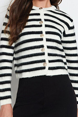 Kadın Moda Şık Regular Bisiklet Yaka Slim Yumuşak Dokulu Çizgili Ceket Görünümlü Triko Hırka