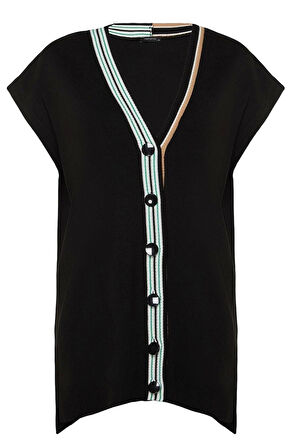 Kadın Tesettür Moda Şık Midi V Yaka Uzun Kol Renk Bloklu Yakası Şerit Detaylı Triko Süveter