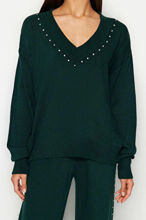 Kadın Moda Şık Boru Paça Regular Boy Uzun Kollu Geniş Kalıp Taş Detaylı Triko Alt-Üst Takım