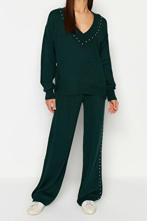 Kadın Moda Şık Boru Paça Regular Boy Uzun Kollu Geniş Kalıp Taş Detaylı Triko Alt-Üst Takım