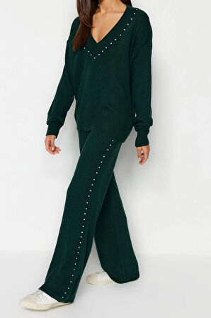 Kadın Moda Şık Boru Paça Regular Boy Uzun Kollu Geniş Kalıp Taş Detaylı Triko Alt-Üst Takım