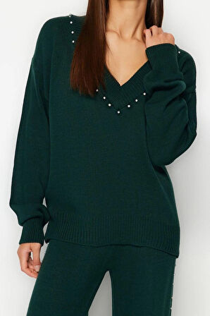 Kadın Moda Şık Boru Paça Regular Boy Uzun Kollu Geniş Kalıp Taş Detaylı Triko Alt-Üst Takım