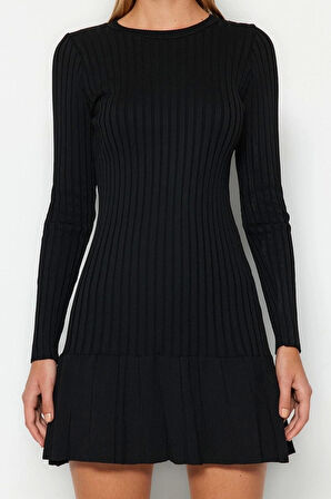 Yeni Slim Gündüz Gece Dolu İğne Triko Bisiklet Yaka Uzun Kol A-Line Mini Boy Elbise