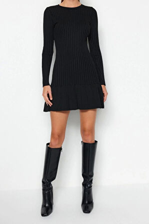 Yeni Slim Gündüz Gece Dolu İğne Triko Bisiklet Yaka Uzun Kol A-Line Mini Boy Elbise