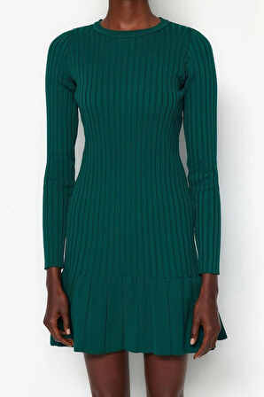 Yeni Slim Gündüz Gece Dolu İğne Triko Bisiklet Yaka Uzun Kol A-Line Mini Boy Elbise