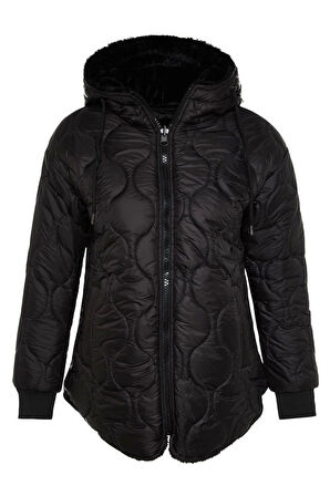 Kadın Moda Şık Regular Kapüşonlu Yaka Midi Düz Çift Taraflı Kapüşonlu Peluş Kapitone Şişme Mont