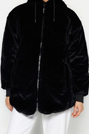 Kadın Moda Şık Regular Kapüşonlu Yaka Midi Düz Çift Taraflı Kapüşonlu Peluş Kapitone Şişme Mont