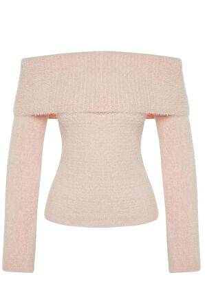 Kadın Moda Şık Regular Carmen Yaka Uzun Kol Düz Carnen Yaka Tüylü Sakal İplikli Triko Kazak