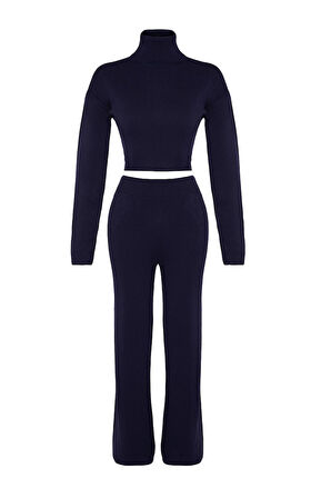 Kadın Moda Şık Geniş Paça Crop Boy Uzun Kollu Bağlama Detaylı Crop Triko Alt-Üst Takım