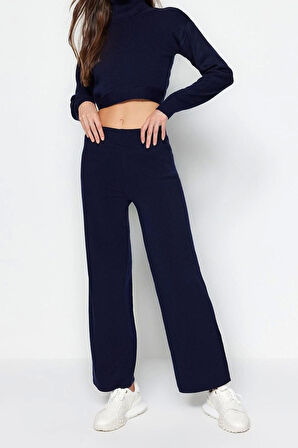 Kadın Moda Şık Geniş Paça Crop Boy Uzun Kollu Bağlama Detaylı Crop Triko Alt-Üst Takım