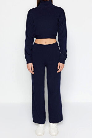 Kadın Moda Şık Geniş Paça Crop Boy Uzun Kollu Bağlama Detaylı Crop Triko Alt-Üst Takım