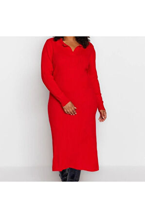 Yeni Fit Casual Günlük Fitilli Triko Polo Yaka Uzun Kol Bodycone Midi Boy Büyük Beden Elbise