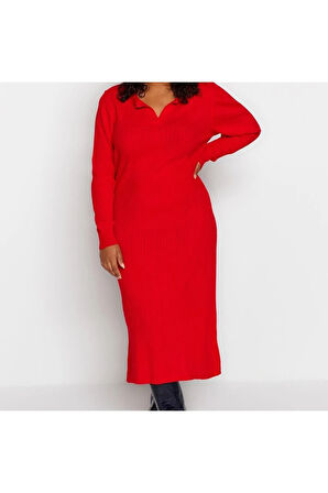 Yeni Fit Casual Günlük Fitilli Triko Polo Yaka Uzun Kol Bodycone Midi Boy Büyük Beden Elbise