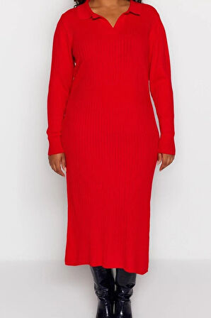 Yeni Fit Casual Günlük Fitilli Triko Polo Yaka Uzun Kol Bodycone Midi Boy Büyük Beden Elbise