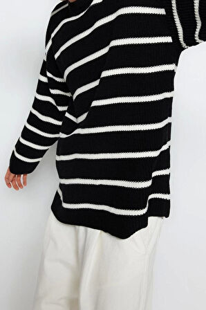 Erkek Moda Şık Regular Bisiklet Yaka Uzun Kol Çizgili Oversize Triko Kazak