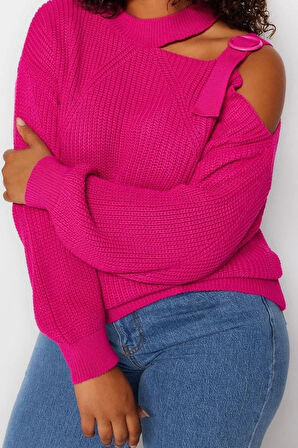 Kadın Büyük Beden Moda Şık Regular Bisiklet Yaka Uzun Kol Düz Pencere Cut Out Detaylı Triko Kazak