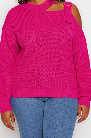 Kadın Büyük Beden Moda Şık Regular Bisiklet Yaka Uzun Kol Düz Pencere Cut Out Detaylı Triko Kazak