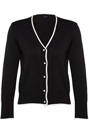 Kadın Moda Şık Regular V Yaka Slim Premium İplik Kontrast Renkli Triko Hırka