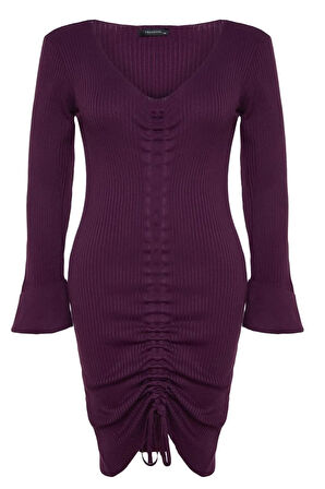 Yeni Fit Casual Günlük Fitilli Triko V Yaka Uzun Kol Bodycone Mini Boy Büyük Beden Elbise