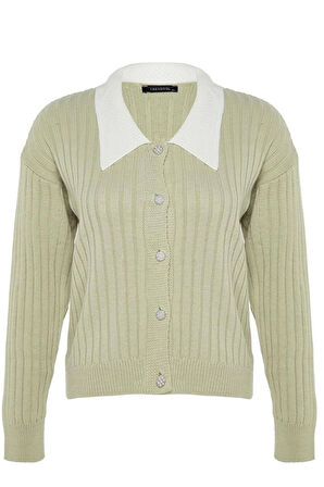 Kadın Büyük Beden Moda Şık Regular Gömlek Yaka Uzun Kol Düz Triko Hırka