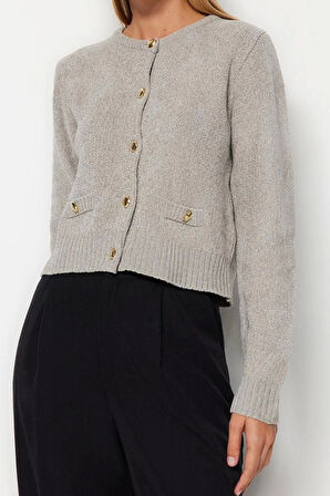 Kadın Moda Şık Crop Bisiklet Yaka Regular Premium İplik Cep Detaylı Triko Hırka