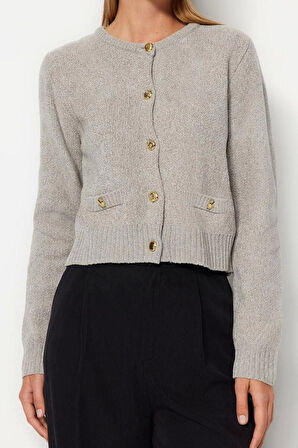 Kadın Moda Şık Crop Bisiklet Yaka Regular Premium İplik Cep Detaylı Triko Hırka