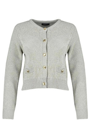 Kadın Moda Şık Crop Bisiklet Yaka Regular Premium İplik Cep Detaylı Triko Hırka