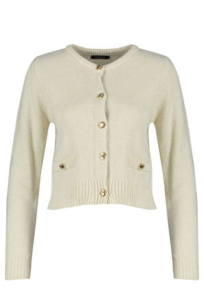 Kadın Moda Şık Crop Bisiklet Yaka Regular Premium İplik Cep Detaylı Triko Hırka