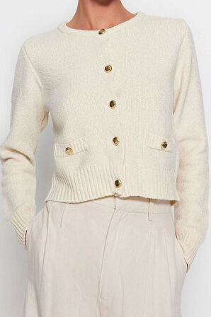 Kadın Moda Şık Crop Bisiklet Yaka Regular Premium İplik Cep Detaylı Triko Hırka