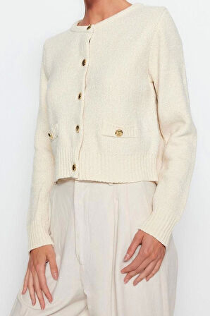 Kadın Moda Şık Crop Bisiklet Yaka Regular Premium İplik Cep Detaylı Triko Hırka