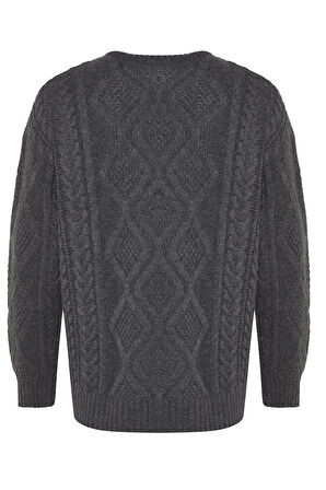 Erkek Moda Şık Regular Bisiklet Yaka Uzun Kol Saç Örgü Oversize Triko Kazak