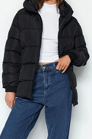 Kadın Moda Şık Regular Kapüşonlu Yaka Midi Düz Astarlı Kapüşonlu Su Geçirmez Şişme Mont