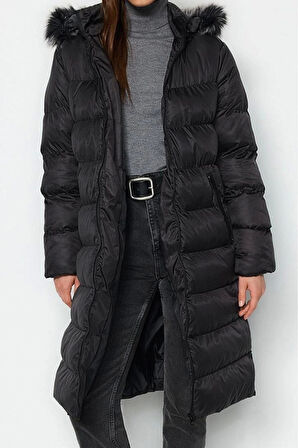 Kadın Moda Şık Regular Kapüşonlu Yaka Uzun Düz Astarlı Kürk Kapüşonlu Su İtici Kışlık Şişme Mont