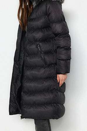 Kadın Moda Şık Regular Kapüşonlu Yaka Uzun Düz Astarlı Kürk Kapüşonlu Su İtici Kışlık Şişme Mont