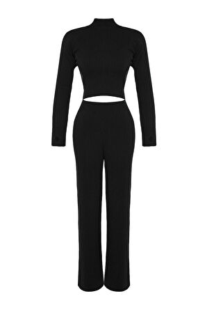 Kadın Moda Şık Regular Boy Uzun Kollu Crop Fitilli Parmak Detaylı Triko Alt-Üst Takım