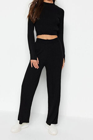 Kadın Moda Şık Regular Boy Uzun Kollu Crop Fitilli Parmak Detaylı Triko Alt-Üst Takım