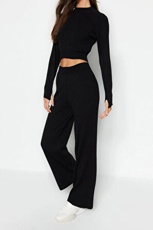 Kadın Moda Şık Regular Boy Uzun Kollu Crop Fitilli Parmak Detaylı Triko Alt-Üst Takım