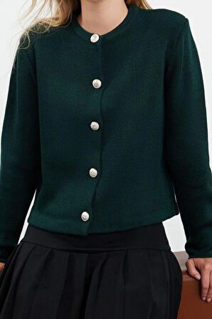 Kadın Moda Şık Bisiklet Yaka Standart Kol Regular Basic Ceket Görünümlü Triko Hırka