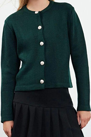 Kadın Moda Şık Bisiklet Yaka Standart Kol Regular Basic Ceket Görünümlü Triko Hırka