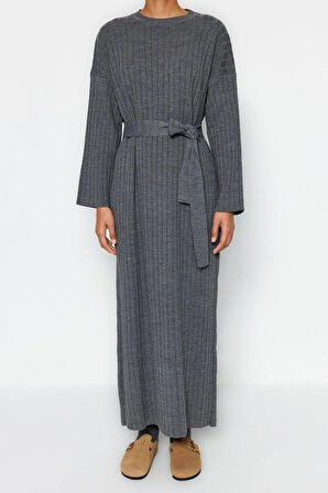 Yeni Rahat Günlük Ribana Kaşkorse Triko Bisiklet Yaka Uzun Kol A-Line Maxi Boy Tesettür Elbise