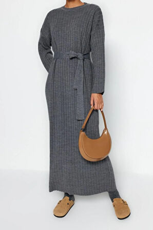 Yeni Rahat Günlük Ribana Kaşkorse Triko Bisiklet Yaka Uzun Kol A-Line Maxi Boy Tesettür Elbise