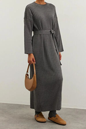 Yeni Rahat Günlük Ribana Kaşkorse Triko Bisiklet Yaka Uzun Kol A-Line Maxi Boy Tesettür Elbise