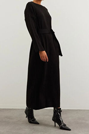 Yeni Rahat Günlük Ribana Kaşkorse Triko Bisiklet Yaka Uzun Kol A-Line Maxi Boy Tesettür Elbise