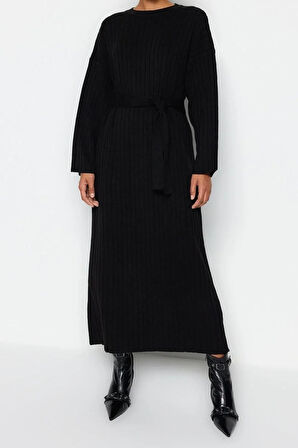 Yeni Rahat Günlük Ribana Kaşkorse Triko Bisiklet Yaka Uzun Kol A-Line Maxi Boy Tesettür Elbise