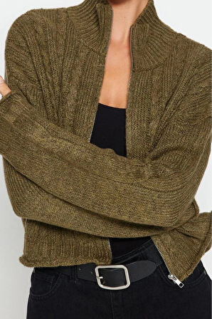 Kadın Moda Şık Crop Dik Yaka Regular Crop Yumuşak Dokulu Fermuarlı Saç Örgülü Triko Hırka