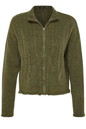 Kadın Moda Şık Crop Dik Yaka Regular Crop Yumuşak Dokulu Fermuarlı Saç Örgülü Triko Hırka