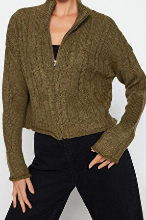 Kadın Moda Şık Crop Dik Yaka Regular Crop Yumuşak Dokulu Fermuarlı Saç Örgülü Triko Hırka