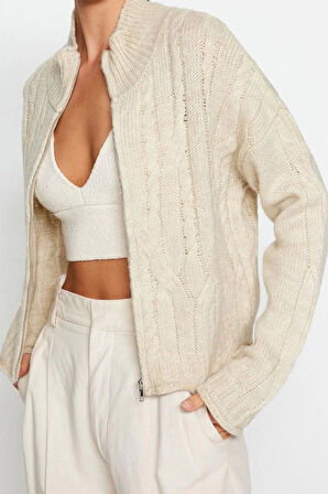 Kadın Moda Şık Crop Dik Yaka Uzun Kol Saç Örgü Crop Yumuşak Dokulu Fermuarlı lü Triko Hırka
