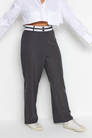 Kadın Yeni Moda Büyük Beden Boru Paça Uzun Boy Dokuma Çizgili Pantolon