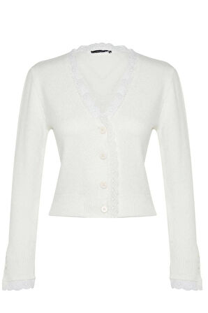 Kadın Moda Şık Regular V Yaka Regular Yumuşak Dokulu Dantel Detaylı Triko Hırka